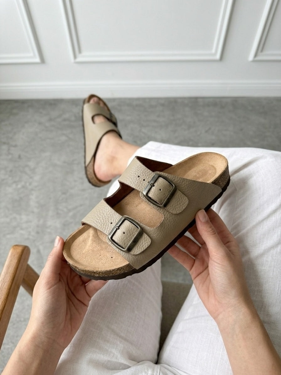 Mycorni Unisex Hakiki Deri Çift Bantlı Terlik - Ortopedik Anatomik Mantar Taban