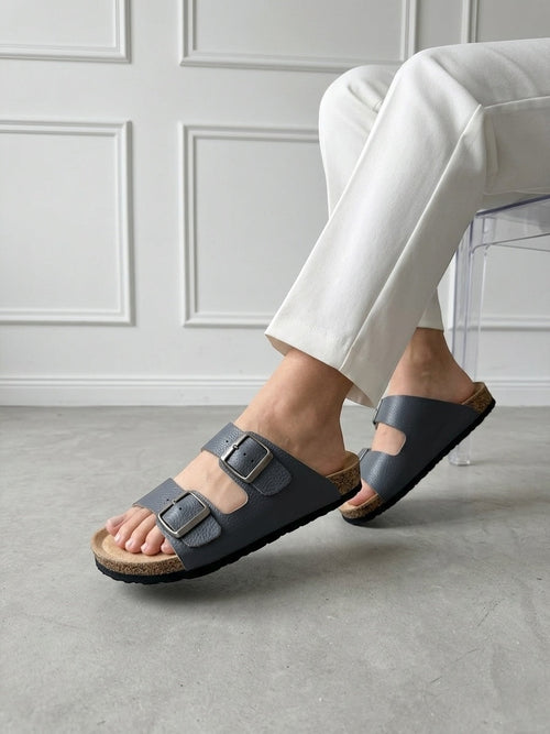 Mycorni Unisex Hakiki Deri Çift Bantlı Terlik - Ortopedik Anatomik Mantar Taban