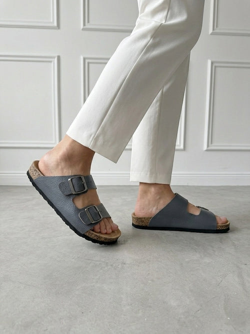 Mycorni Unisex Hakiki Deri Çift Bantlı Terlik - Ortopedik Anatomik Mantar Taban