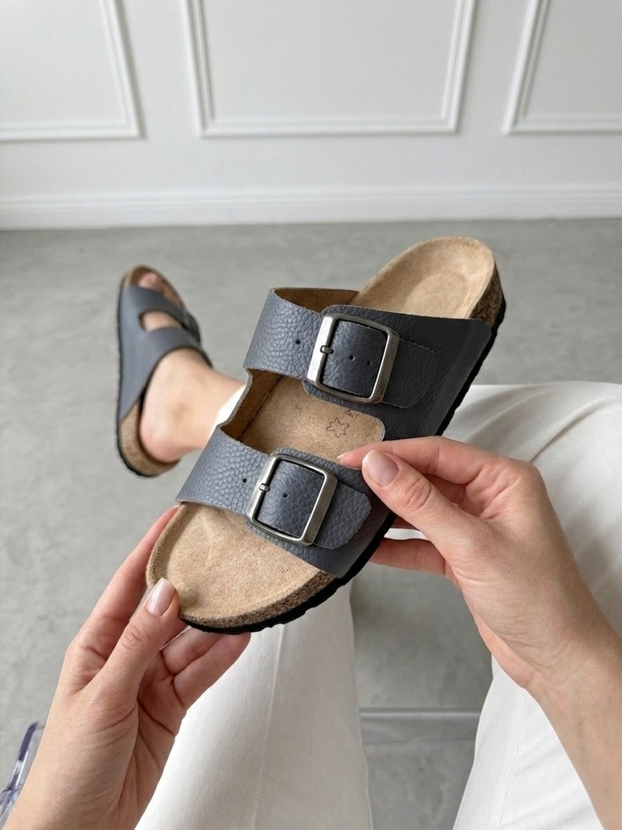 Mycorni Unisex Hakiki Deri Çift Bantlı Terlik - Ortopedik Anatomik Mantar Taban