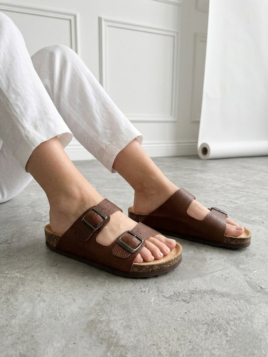 Mycorni Unisex Hakiki Deri Çift Bantlı Terlik - Ortopedik Anatomik Mantar Taban