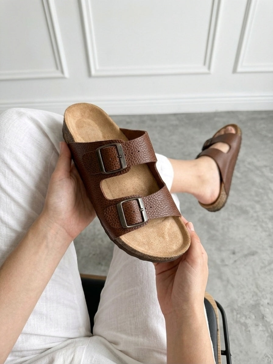 Mycorni Unisex Hakiki Deri Çift Bantlı Terlik - Ortopedik Anatomik Mantar Taban