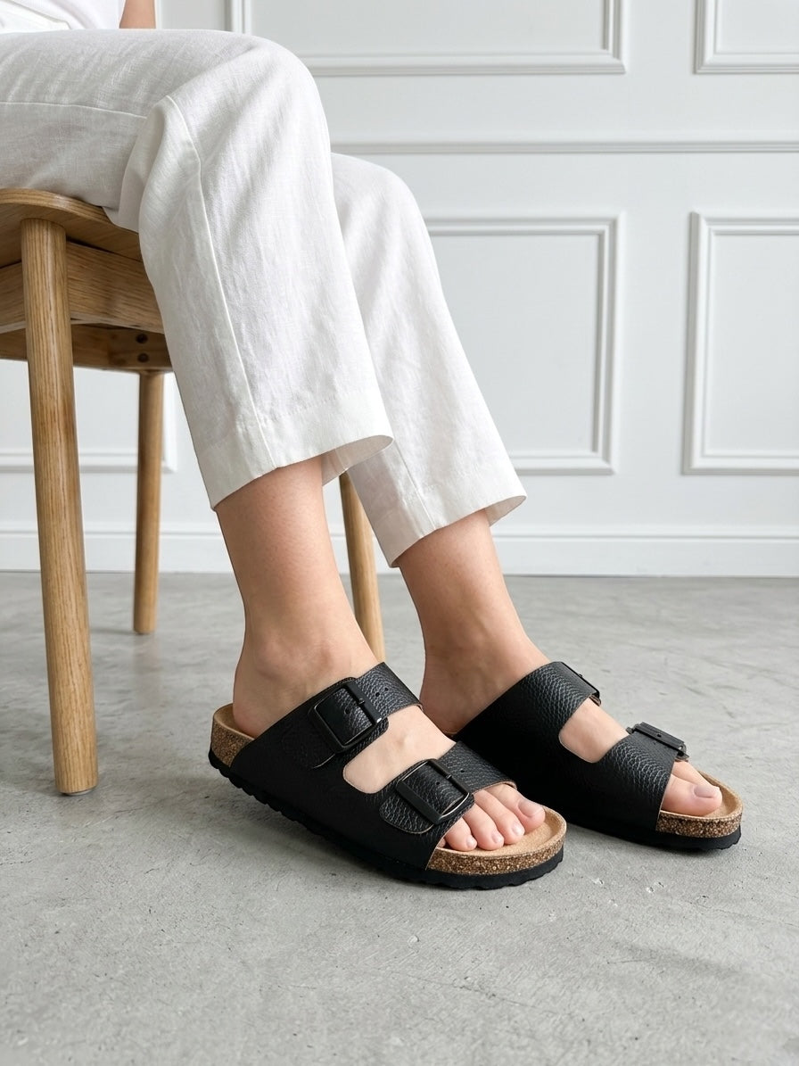 Mycorni Unisex Hakiki Deri Çift Bantlı Terlik - Ortopedik Anatomik Mantar Taban