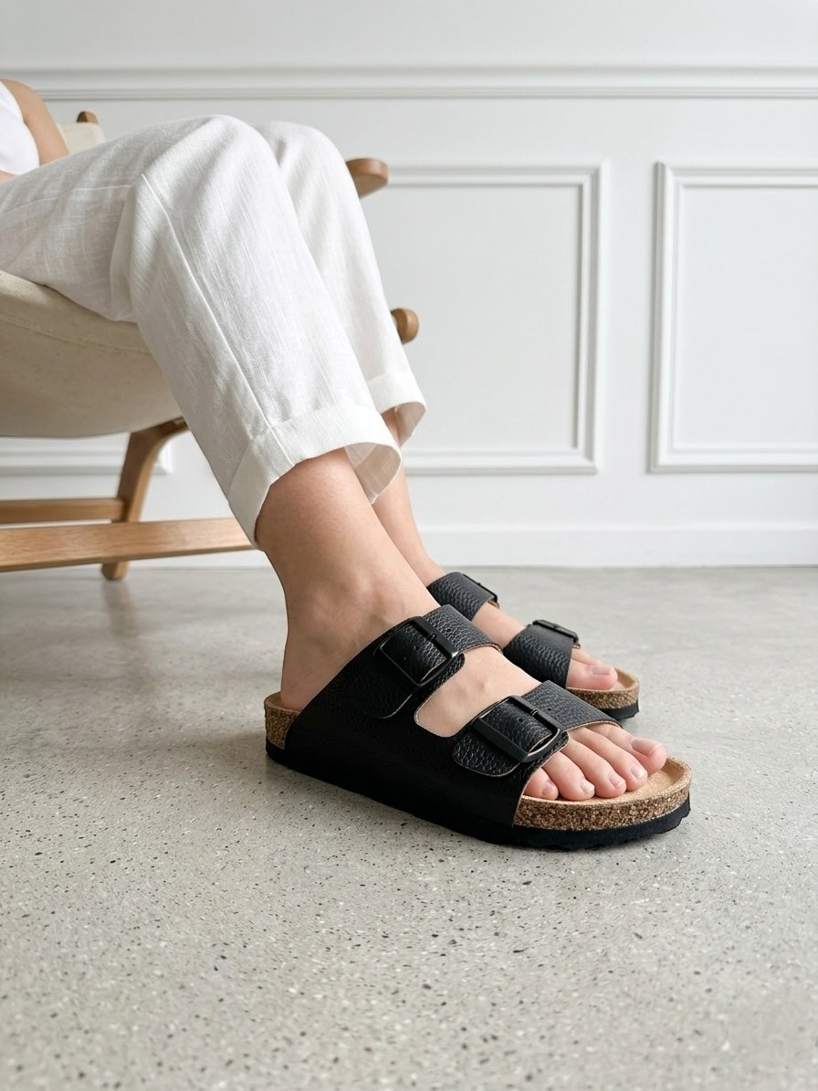 Mycorni Unisex Hakiki Deri Çift Bantlı Terlik - Ortopedik Anatomik Mantar Taban