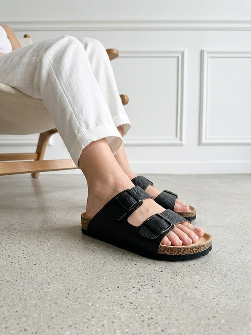 Mycorni Unisex Hakiki Deri Çift Bantlı Terlik - Ortopedik Anatomik Mantar Taban