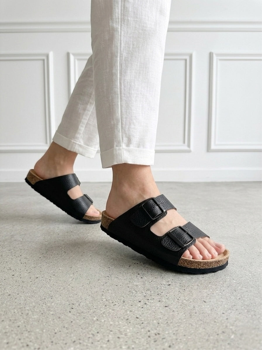 Mycorni Unisex Hakiki Deri Çift Bantlı Terlik - Ortopedik Anatomik Mantar Taban