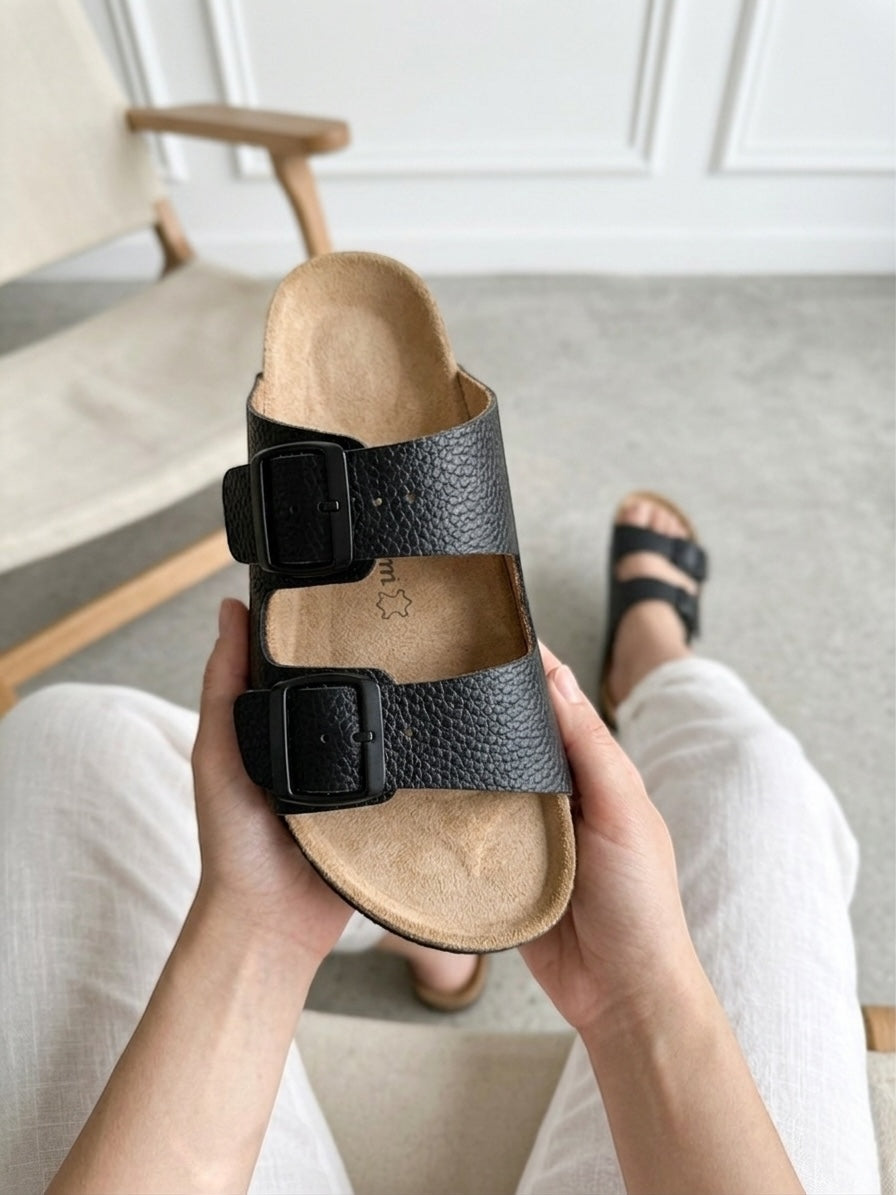 Mycorni Unisex Hakiki Deri Çift Bantlı Terlik - Ortopedik Anatomik Mantar Taban