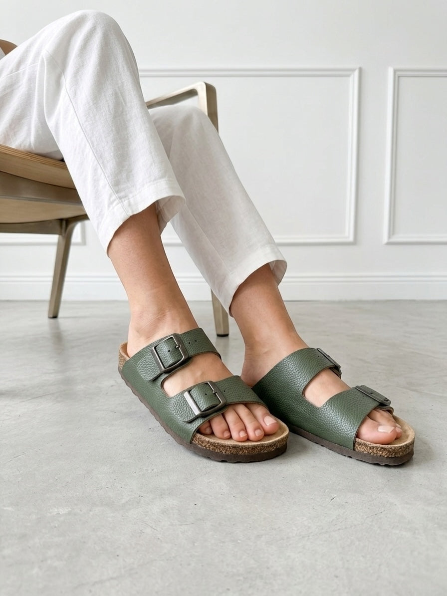 Mycorni Unisex Hakiki Deri Çift Bantlı Terlik - Ortopedik Anatomik Mantar Taban