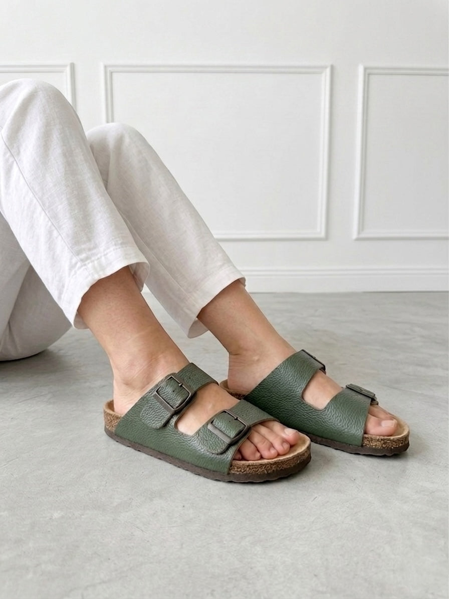 Mycorni Unisex Hakiki Deri Çift Bantlı Terlik - Ortopedik Anatomik Mantar Taban