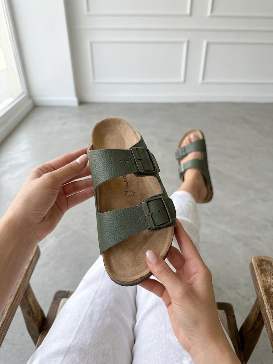 Mycorni Unisex Hakiki Deri Çift Bantlı Terlik - Ortopedik Anatomik Mantar Taban