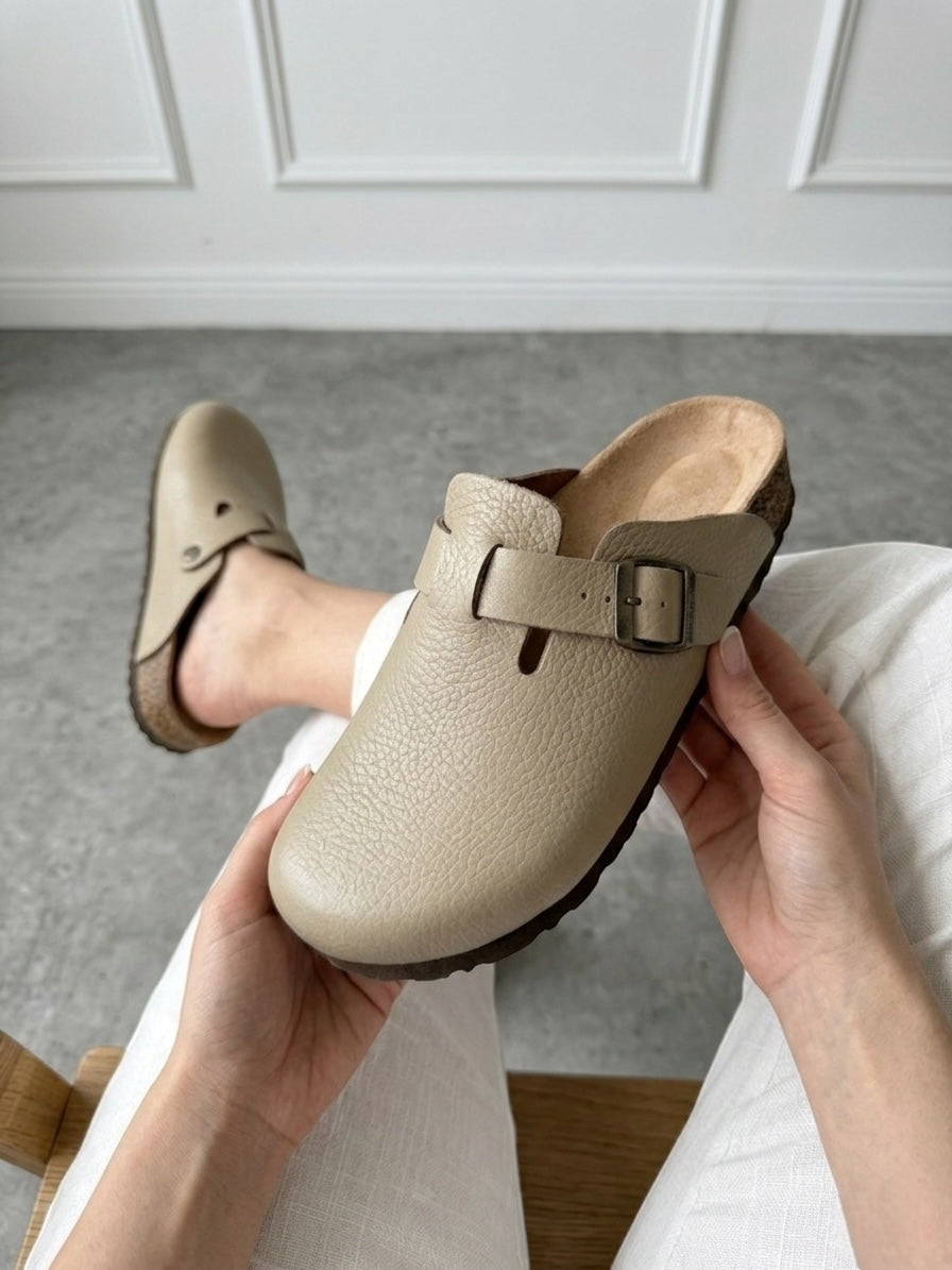 Mycorni Unisex Hakiki Deri Kapalı Terlik - Ortopedik Anatomik Mantar Taban - BEJ