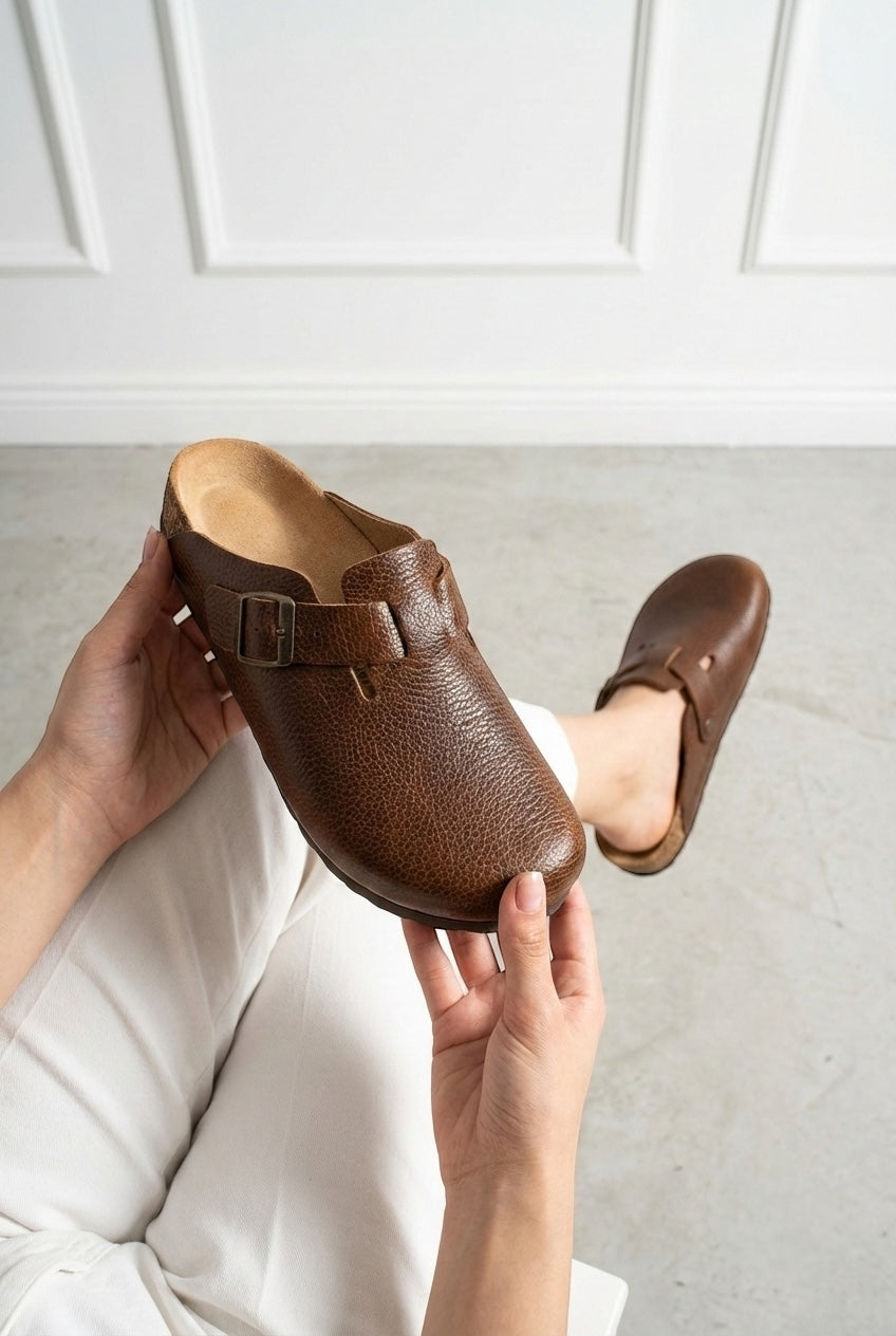 Mycorni Unisex Hakiki Deri Kapalı Terlik - Ortopedik Anatomik Mantar Taban