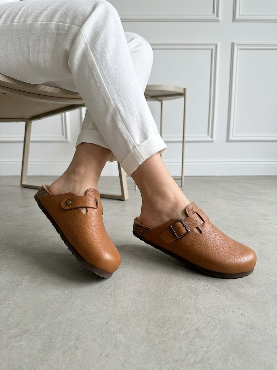Mycorni Unisex Hakiki Deri Kapalı Terlik - Ortopedik Anatomik Mantar Taban - TABA