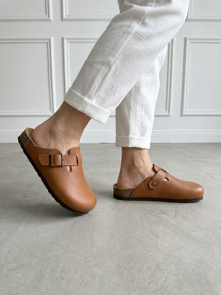 Mycorni Unisex Hakiki Deri Kapalı Terlik - Ortopedik Anatomik Mantar Taban - TABA