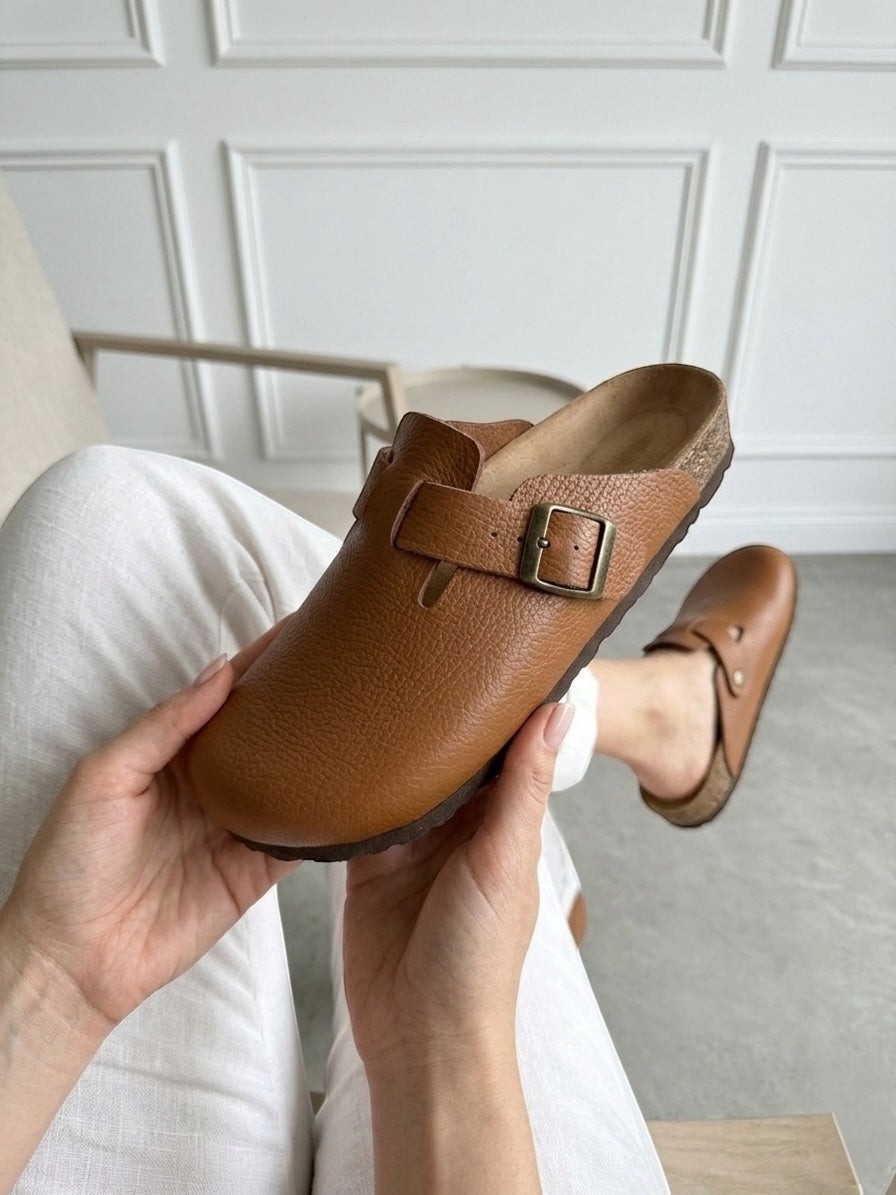 Mycorni Unisex Hakiki Deri Kapalı Terlik - Ortopedik Anatomik Mantar Taban - TABA