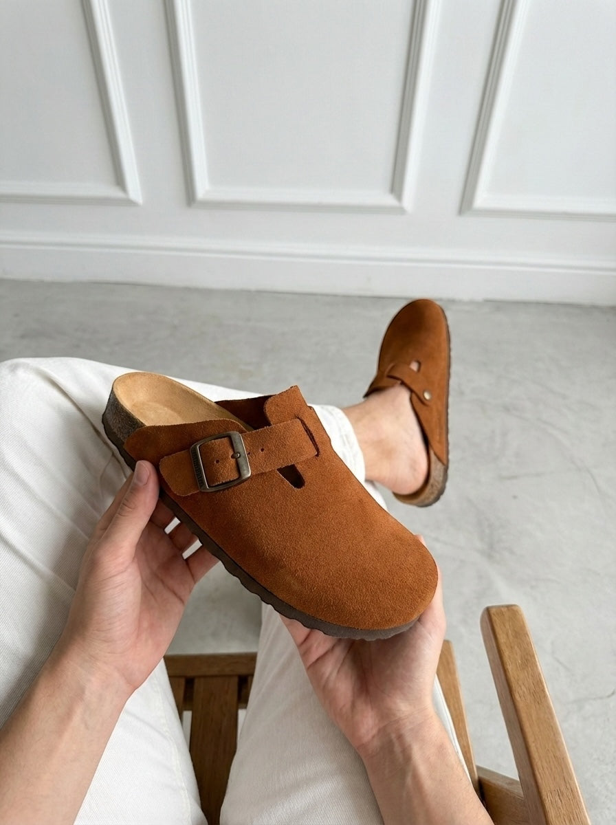 Mycorni Unisex Hakiki Deri Kapalı Terlik - Ortopedik Anatomik Mantar Taban - TABA