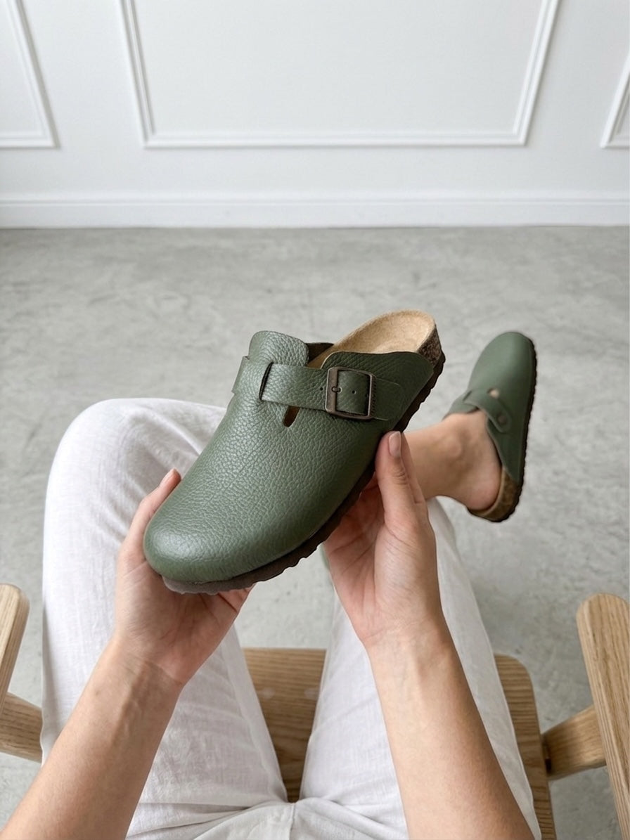 Mycorni Unisex Hakiki Deri Kapalı Terlik - Ortopedik Anatomik Mantar Taban - YEŞİL