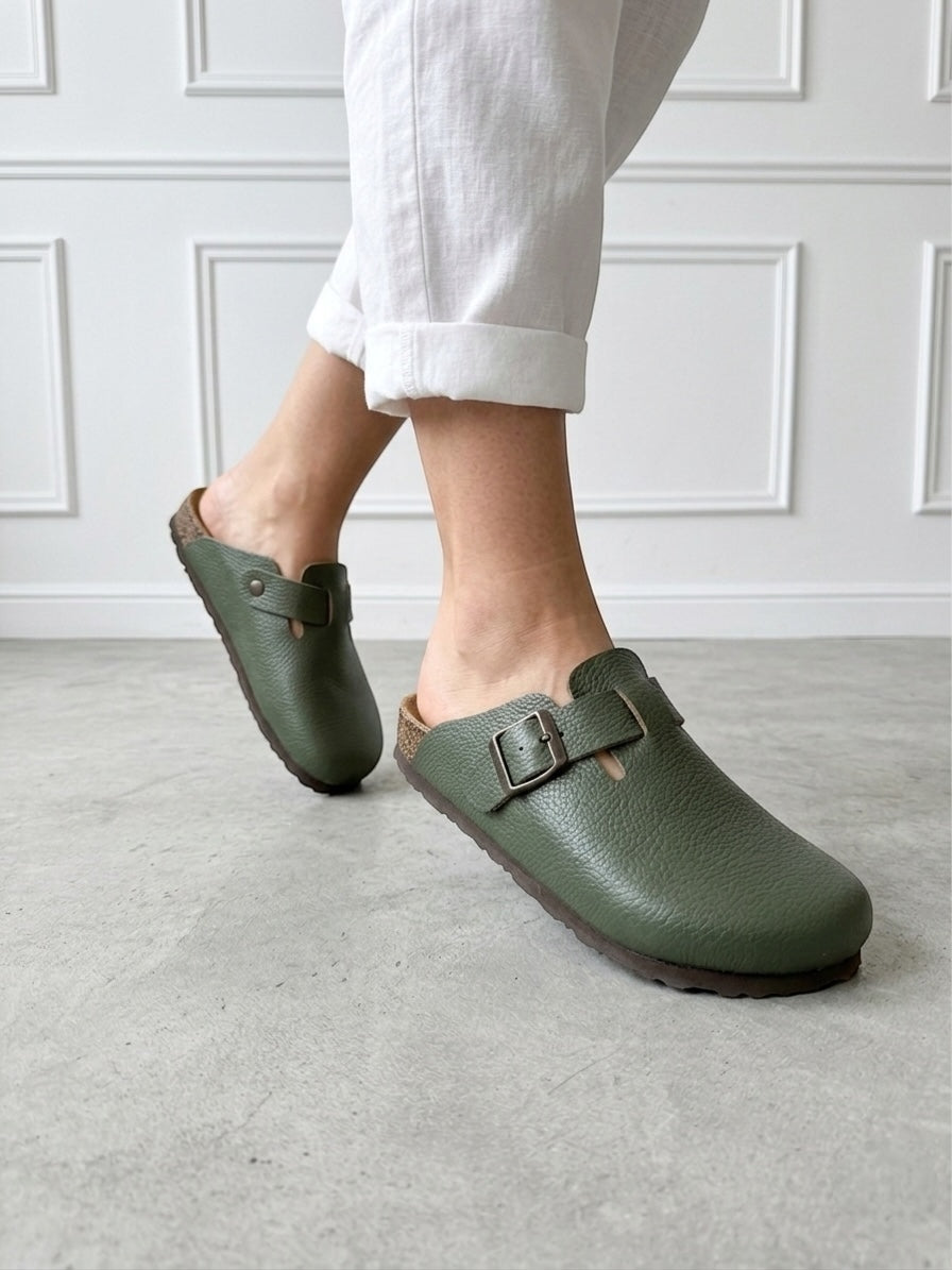 Mycorni Unisex Hakiki Deri Kapalı Terlik - Ortopedik Anatomik Mantar Taban - YEŞİL