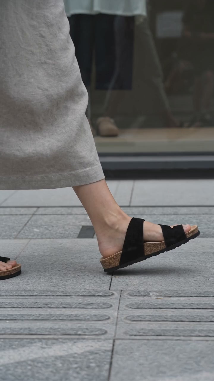 Ortopedik Parmak Arası Terlik – Hakiki Süet Deri Mantar Taban, Unisex | Siyah