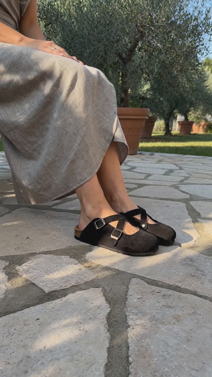 Ortopedik Sabo Terlik – Hakiki Süet Deri Mantar Taban, Kadın | Siyah